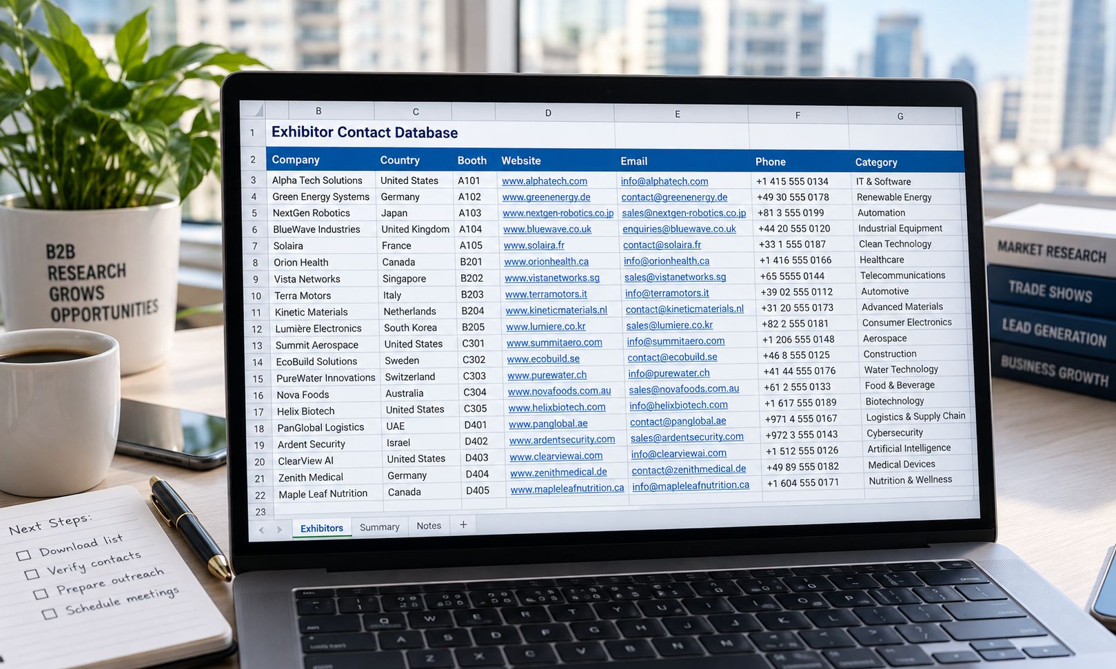 Illustration of a structured exhibitor CSV spreadsheet with company, booth, country, website, email, phone and category columns