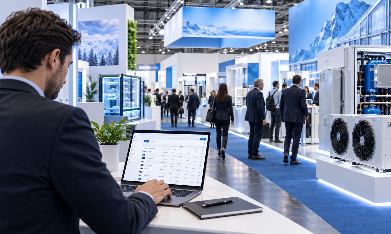 Illustration of HVACR trade fair visitors researching Chillventa 2026 exhibitors using a laptop