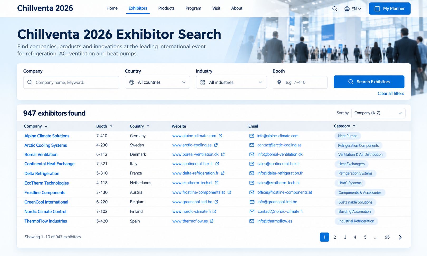 Illustrative Chillventa 2026 exhibitor database interface with company and country search filters