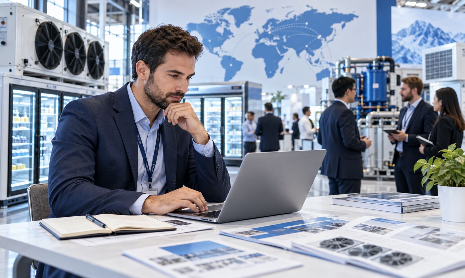HVACR business professional reviewing supplier information at a refrigeration equipment showroom
